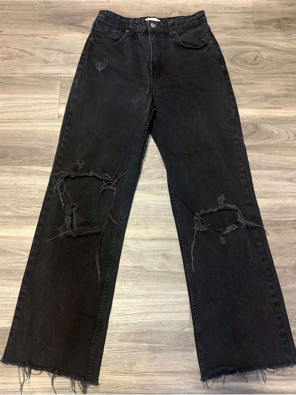 Zara Black Distressed Wide-Leg Jeans with Raw Hem